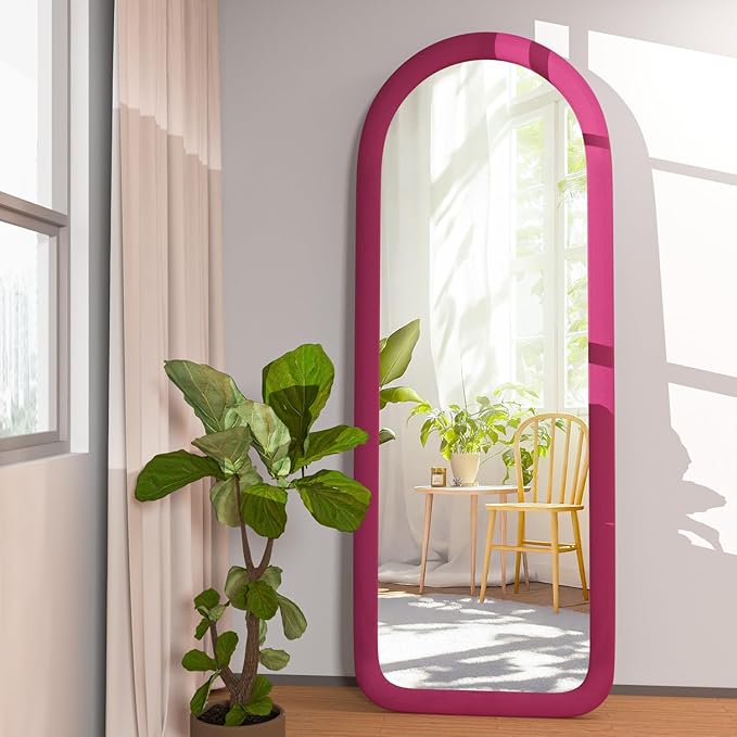 Full Length Mirror 56"x20" Arch Floor Mirror with Stand Arched Full Body Mirror Standing Hanging or Leaning Against Wall for Bedroom Flannel Wrapped Wooden Frame Pink