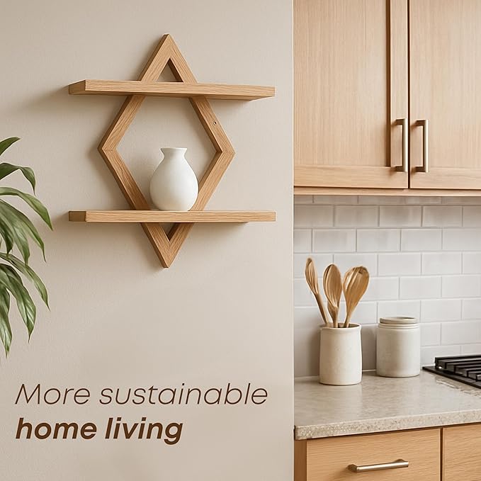 Floating Shelves for Wall,Decorative Wall Shelf,2 Tier Hanging Shelf for Plants Storage Display Holder,Indoor Decor for Living Room Home Office Bathroom Bedroom,Solid Wood,Diamond Shaped,2 Pack