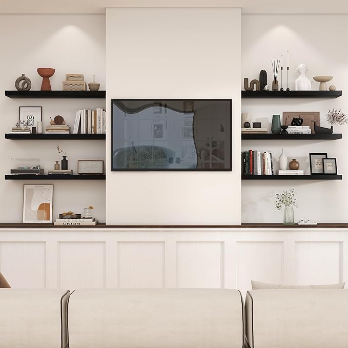Heimlove 36 Inch Black Floating Shelves for Wall,10 Deep Wood Shelves with Invisible Brackets,Wall Mounted Storage & Display Shelves for Bedroom,Living Room,Kitchen,Office