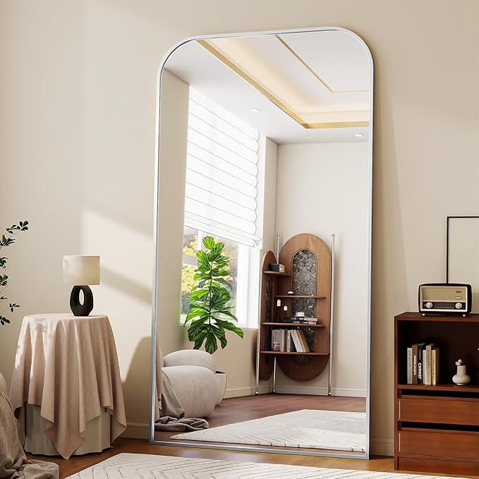 Full Length Mirror 76"x34" Arched Floor Standing Large Mirrors Full Body Mirror with Stand - with Aluminum Frame for Bedroom Living Room, Silver