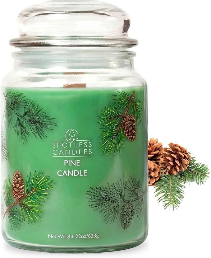 Pine Candle 22oz - Large Forest Aromatherapy Soy Blend Candle with Crackling Wooden Wick, 85 Hour Burn - Luxury Gift Box for Home Decor & Relaxation by Spotless Leopard