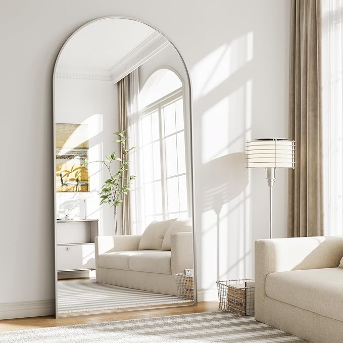 Oversized Full Body Mirror 30x71 inch Arched Full Length Mirror with Stand Aluminum Wall Mounted Hanging or Leaning Standing Mirrors,Silver