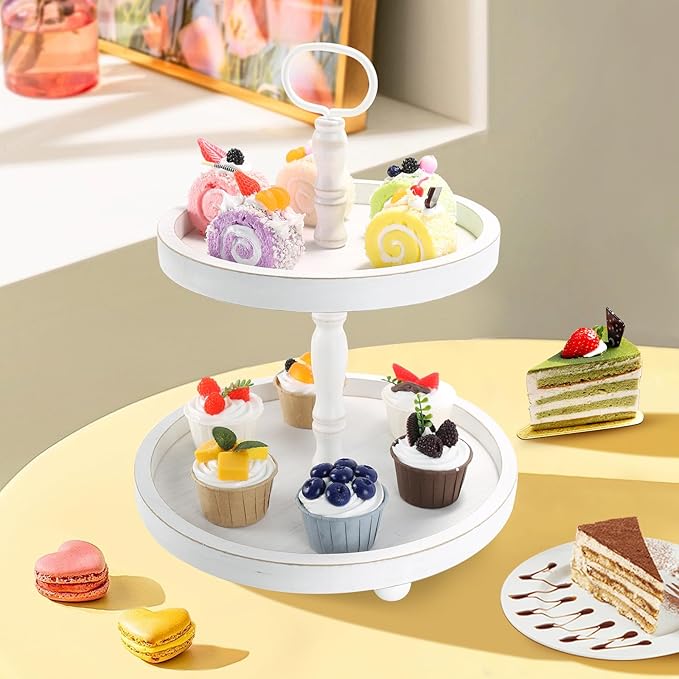 Wooden Two Tiered Tray Stand, Farmhouse Round 2 Tier Decorative Tray for Home Kitchen Table Decor, Serving Tray for Coffee Bar Party Weddding Holiday Decorations Fruits and Cupcake Display (White)