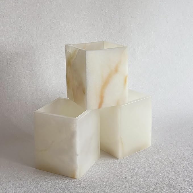 Natural Marble Stone Square Storage Container Empty Vessel Holder Cup for Candle/Pens/Sundries items (White Onyx)