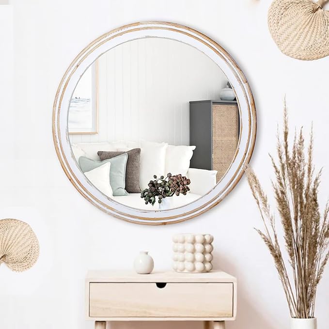 Reflinto 30 Inch Rustic Farmhouse Wooden Round Mirrors for Wall Decor, Washwhite Circle Decorative Mirror for Bathroom Over Sink, Entryway, Living Room, Foyer