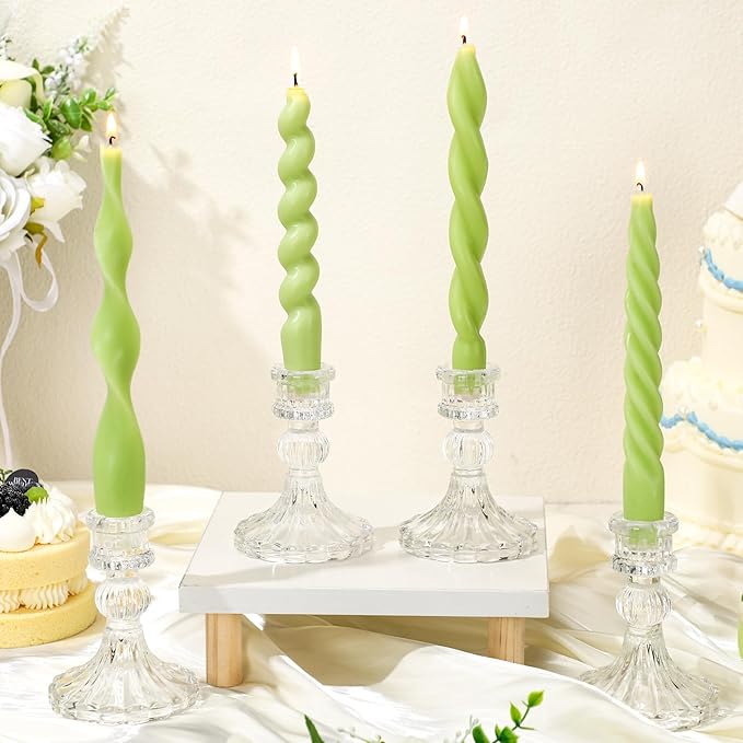 Nuanchu 4 Pcs Twisted Taper Candles Wax Unscented Smokeless Spiral Swirl Candlesticks for Wedding Holiday Dinner Party Home Decorations(7.87 Inch,Pure,Sage Green)