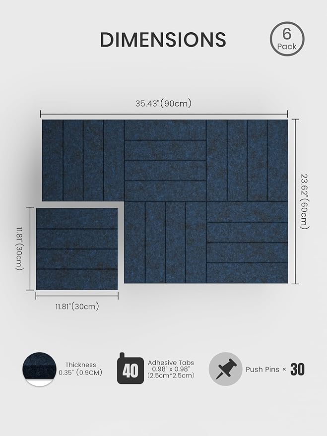 Bumusty Large Cork Board Alternative-36 x 24" Felt Bulletin Board Tiles, with 30 Pushpins, 40 Adhesive Tabs, Bold-Stripe 6-Pack, Cork Boards for Office Push Pin Board Felt Board-Carbon Blue