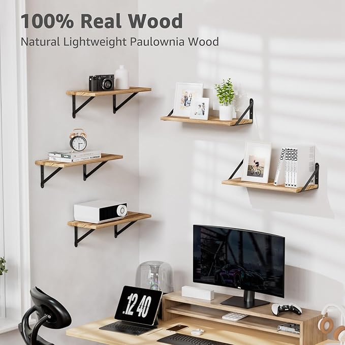 COCOYA Wall Shelves 7.3" Deep Set of 2, Solid Paulownia Wood Wider Longer Sturdy Easy to Install Wall Mounted Bookshelves Storage Shelves Bathroom Home Office Laundry Room Bedroom Organizer