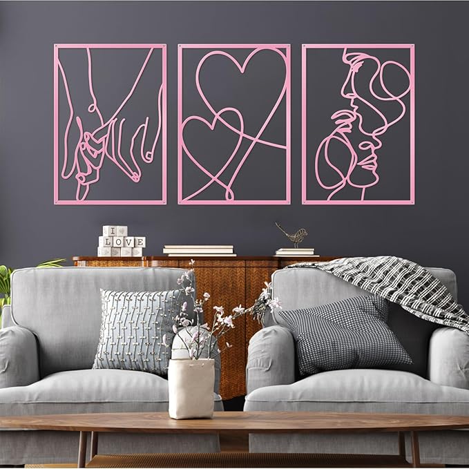 ESTART 3 Pieces Metal Minimalist Line Wall Art, Valentine's Day Lover Kiss Hand Metal Wall Decor, Aesthetic Modern Home Hanging Wall Art Decor for Bedroom Living Room (Pink)
