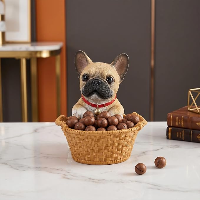 Cute French Bulldog Candy Bowl, Resin Dog Figurine Key Bowl for Entryway Table, Desktop Storage Basket Organizer for Desk, Unique Dog Lover Gift