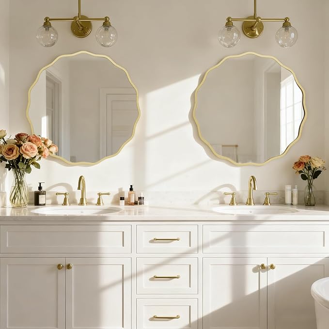 HOMECOOKIN 28 Inch Wavy Round Wall Mirror, Round Wavy Wall Mirror with Aluminum Frame for Bathroom Upgrades, Hotels, Dressing Tables,Farmhouses