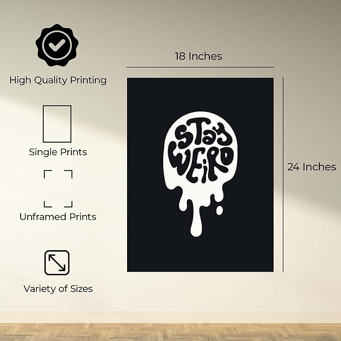 InkFlow Posters Stay Weird Poster - Bold Typography Illustration - Bold Minimal Graphic Design - Modern Home Wall Decor Accent - Playful Quote Art - 18x24 Unframed Canvas Print