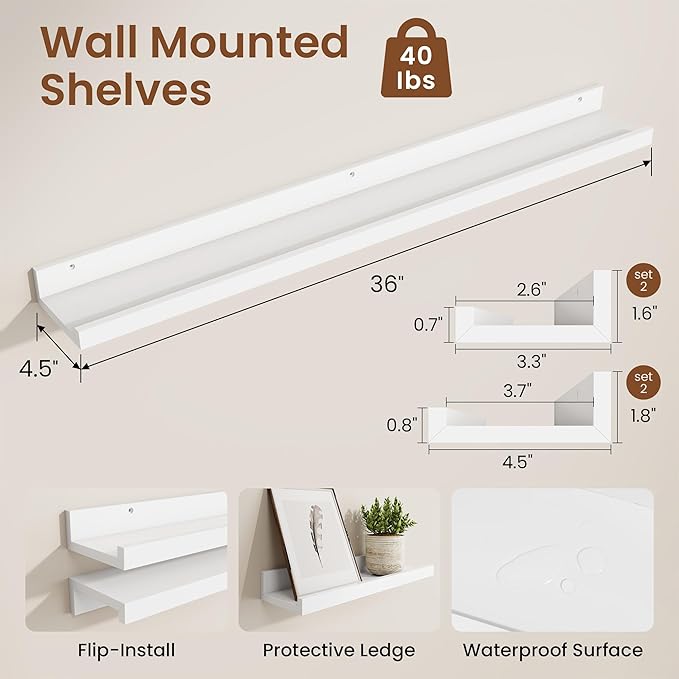 Heimlove Picture Ledge Shelf,36 inch Long Floating Shelves for Wall Set of 4,White Picture Shelf with Lip for Wall Decor,Living Room,Bedroom,Bookshelf,Nursery,Perfume