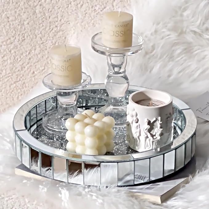 12” Rotating Perfume Organizer Tray,Mirror Glass Vanity Tray for Bedroom Dresser,Makeup Skincare Organizer for Bathroom,Crushed Diamond Home Decor