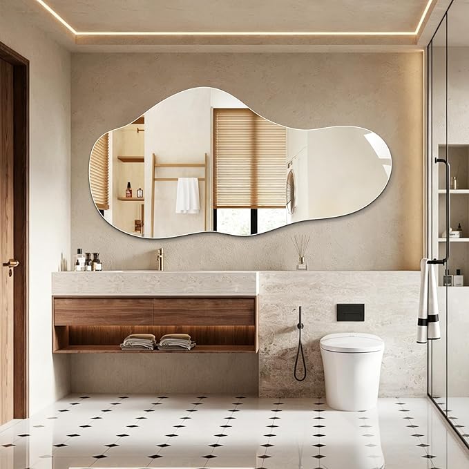 Niccy 48"×24" Frameless Cloud Full Length Mirrors, Long Wall-Mounted Mirror for Living Room, Large Full Body Floor Mirror, Explosion-Proof Tall Hanging-Mirror for Bathroom Bedroom Entryway Decor