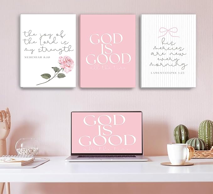 3Pcs Pink Christian Canvas Wall Art Coquette Bow Poster Print Aesthetic Picture Preppy Painting Wall Decor For Girls Bedroom Bathroom or Dorm 12x16in (Stretched Canvas On A Wooden Frame)