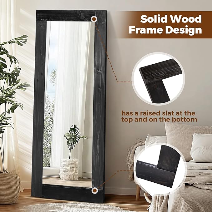 Full Length Mirror 58"x24" – Solid Wood Frame, HD Tempered Glass, Wall Mounted & Leaning, Rustic Modern Decor for Bedroom, Living Room, Entryway, Black