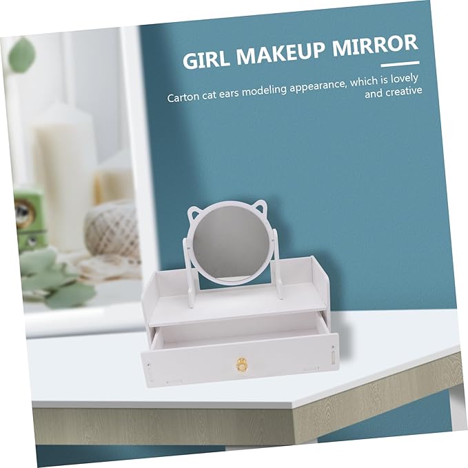 SHERCHPRY 1Pc Rotatable Desktop Makeup Mirror with Storage Drawer Girl Cosmetics Organizer Box for Vanity Countertop Clear Smooth Reflective Surface Material