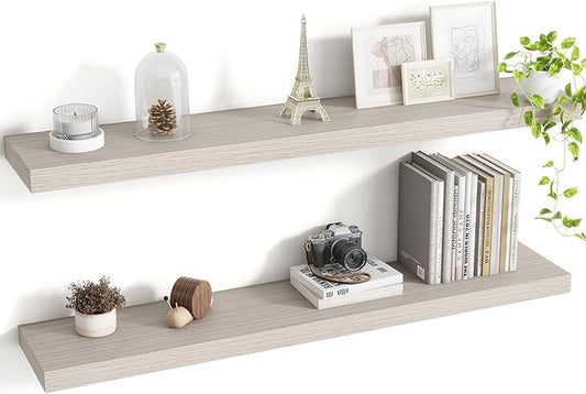 Acovy 40 Inch Floating Shelves, 8 Inch Deep Floating Shelves for Wall, Hanging Shelf with Invisible Brackets, Deep Shelves for Bathroom, Bedroom, Living Room, Grey, Set of 2