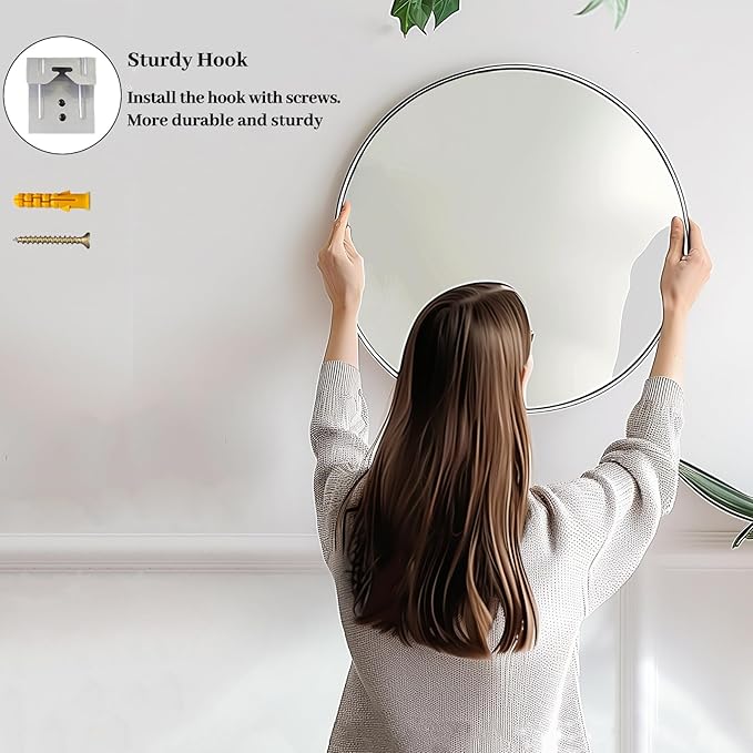 Sunniry Silver Round Mirror 26 inch, Silver Circle Mirror with Aluminum Frame, Circle Wall Mirrors for Bathroom, Living Room, Hallway, Bedroom.