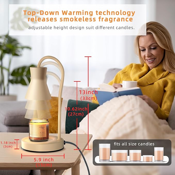LALISU Candle Warmer Lamp with Timer and Dimmer, Vintage Electric Candle Melter with 2 Bulbs, Melter Scented Candle Height Adjustable Compatible with Jar Candles, House Warming Gifts (Beige)