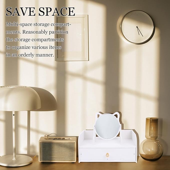 Makeup Vanity Mirror with Storage Case, Large Desktop Standing Mirror with Single Drawer, Round Cosmetic Organizer for Women’s Tabletop Dressing Table