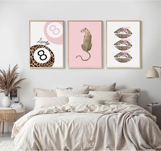 Pink Leopard Wall Art Decor Cheetah Trendy Poster Preppy Aesthetic Canvas Room Decor Pictures Coquette Y2k Wall Art 8 Ball Prints Pink Fashion Bow Artwork for Girls Bedroom 16x24x3 Inch Unframed