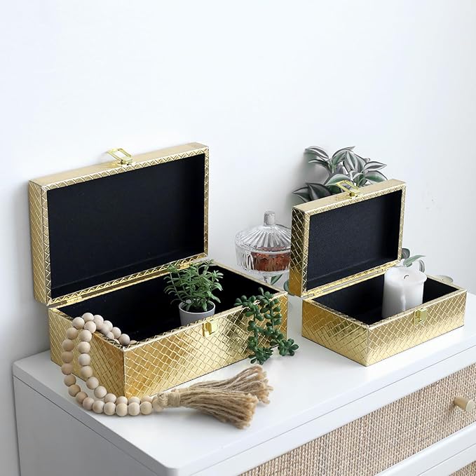 DECOR4SEASON Faux Leather Decorative Jewelry Storage Organizer Boxes Set of 2, Gold