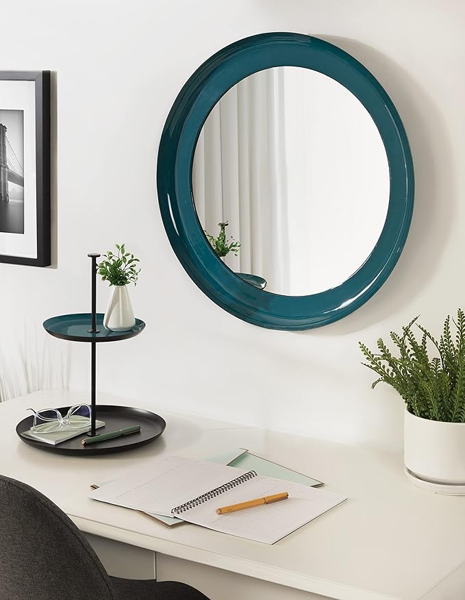 Kate and Laurel Laranya Modern Round Mirror; 22 Inch Diameter; Teal and Black; Decorative Circle Mirror with Metal Frame and Glossy Hand Applied Finish