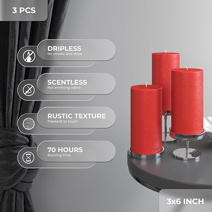 CANDWAX Large Pillar Candles 3x6 Inch – Set of 3 Unscented Dripless Red Candles, Rustic Design for Events, Weddings, Home Styling