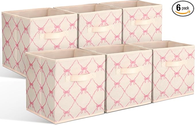 Geelin 6 Pcs Beige Bow Cube Storage Bins 11 Inch Storage Basket with Handle, Preppy Girls Organizer Basket, Collapsible Fabric Box for Classroom Bedrooms Office Home Decoration Gift