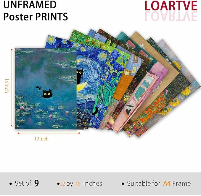 9Pcs Funny Black Cat Wall Art Cats in Famous Paintings Posters Prints Vintage Gallery Wall Decor Pictures Eclectic Cute Preppy Aesthetic Room Decor,Unframed