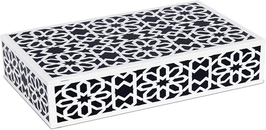Handicrafts Home Decorative Storage Box with Lid, Black White Islamic Floral Geometry Remote Control Box, Slim Persian Mosaic Storage Box for Shelf, Desk & Living Room Decor, Shiraz 8 x 6 x 1.5