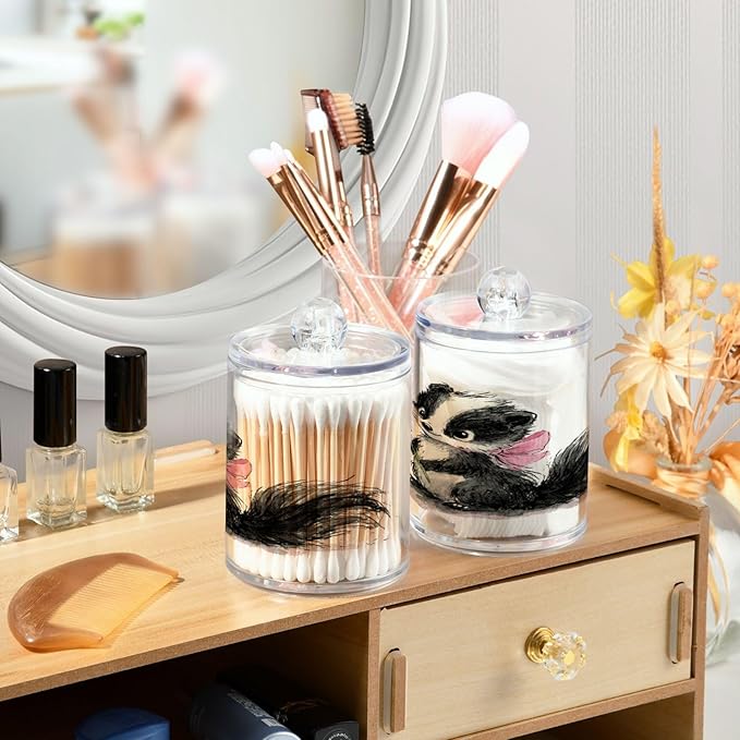 2 Pack Apothecary Jars,Cute Skunk Holding Flower Bathroom Vanity Storage Organizer Set,Small Clear Plastic Storage Jars Bathroom Canister for Cotton Swabs,Rounds,Balls,Qtips,Makeup Sponges