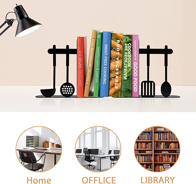 Unique Metal Cookbook Bookends, Decorative Bookends, Cookbook Organizer for Kitchen Decor, Cookbook Holder,Kitchen Bookends, Gift for Cooking Lovers Wife Mother New Home Housewarming(Black)