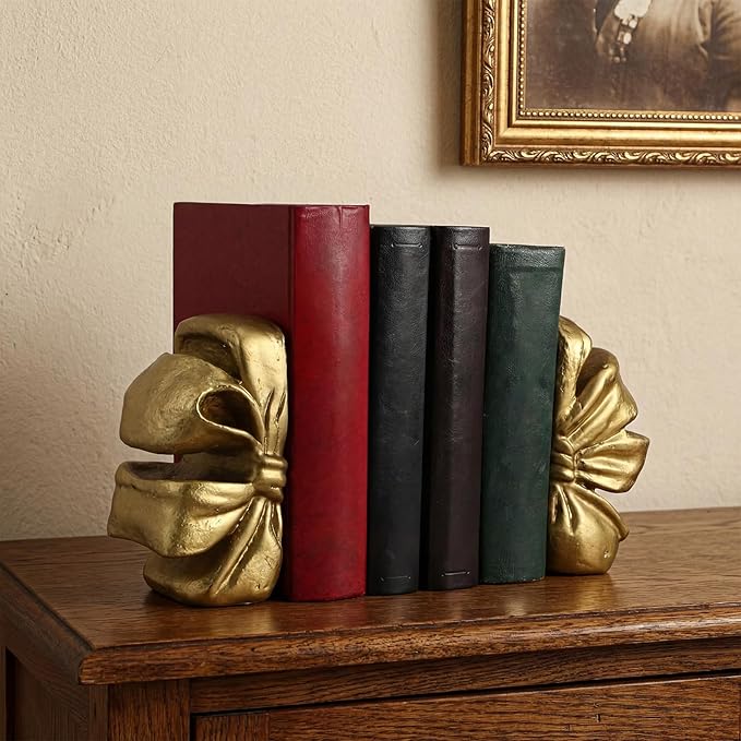 Vintage Gold Bow Bookend Set of 2 Heavy Duty Decorative Bowknot Book Ends Resin Bookends with Non Slip Felt Base Muted Matte Book Stopper Holder Shelf Organizer for Desk Home Office Decor