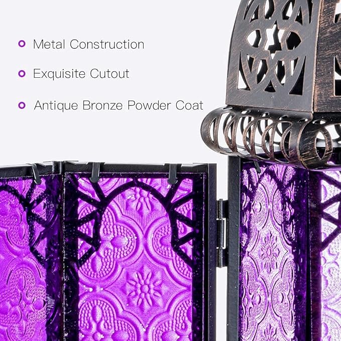DECORKEY Halloween Decorations Indoor, Purple Decorative Candle Lantern for Moroccan Light Decor, 12.8’’ Vintage Metal Hanging&Tabletop Lantern, Ramadan Lantern for Home Outdoor Patio(Purple)