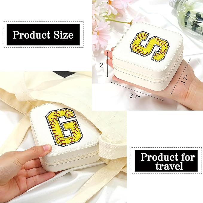 Softball Initial S Travel Jewelry Case,Valentine's Day Gift Softball Gifts for Teen Easter,Jewelry Box Personalized Softballs Accessories Letter Birthday Gifts for Players Coach Team Mom