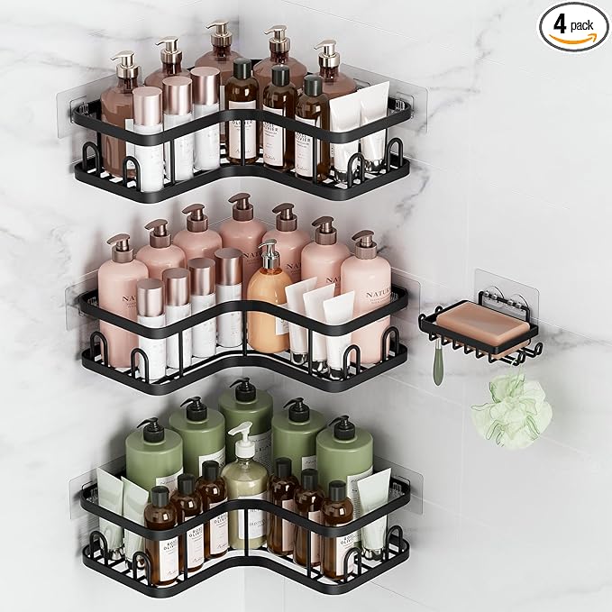 Veken Corner Adhesive Shower Caddy 4-Pack with Soap Holder&Hooks,No Drilling Shower Shelves,Rustproof & Waterproof Bathroom Organizers and Storage,Rack for Small Spaces, Kitchen&Rental-Friendly,Black