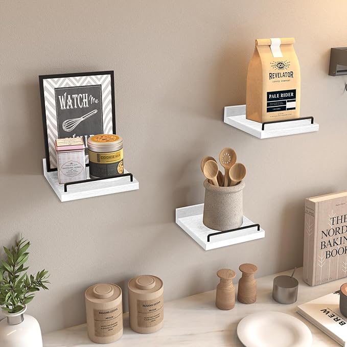 RYOFOBETTO Small Floating Shelf, 6 X 6 Inches Farmhouse Wall Shelves for Living Room, Bedroom, Picture Frames, Plants, Kitchen, Set of 3 (White and Black)