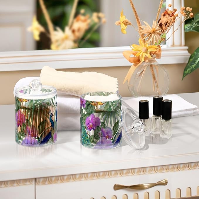 2 Pack Apothecary Jars Purple Flowers Peacocks Bathroom Vanity Storage Organizer Set,Small Clear Plastic Storage Jars Bathroom Canister for Cotton Swabs, Rounds, Balls, Qtips,Makeup Sponges, Fl