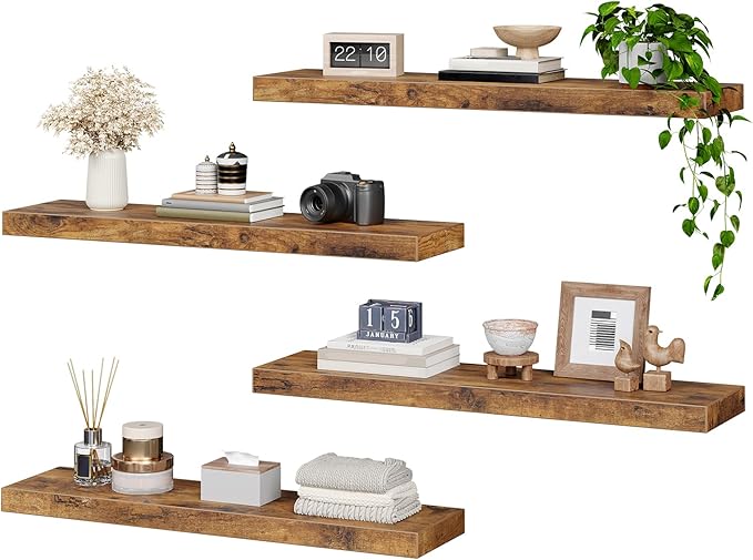 RALGEND Floating Shelves for Wall, 31.5" Long Wall Shelf Set of 4 with Invisible Brackets, 1.5" Thick Hanging Shelves Farmhouse Home Decor for Bathroom, Living Room, Bedroom, Rustic Brown 8301BJP4BF