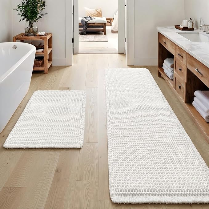 MIULEE Set of 2 Waffle Bathroom Rugs, Boho Bath Rugs Non Slip Washable, Super Absorbent Bath Mats, Ultra Soft Rubber Backed Shower Mats for Bathroom Floor, Tub, White, 17"x24"+20"x47"