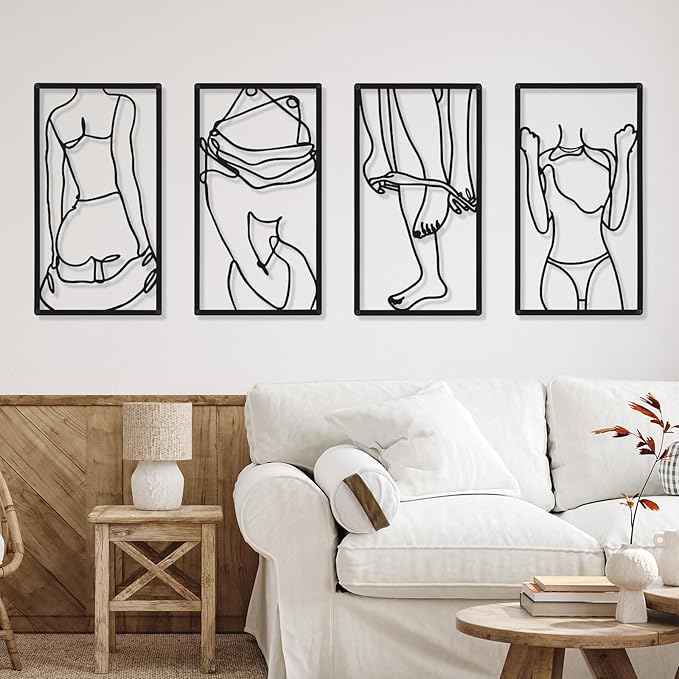 Cindeer 4 Pcs Metal Wall Art Decor Minimalist Abstract Woman Wall Art Line Drawing metal line art Home Hanging Art Decor for Bedroom Kitchen Bathroom Living Room(Classic,Black)