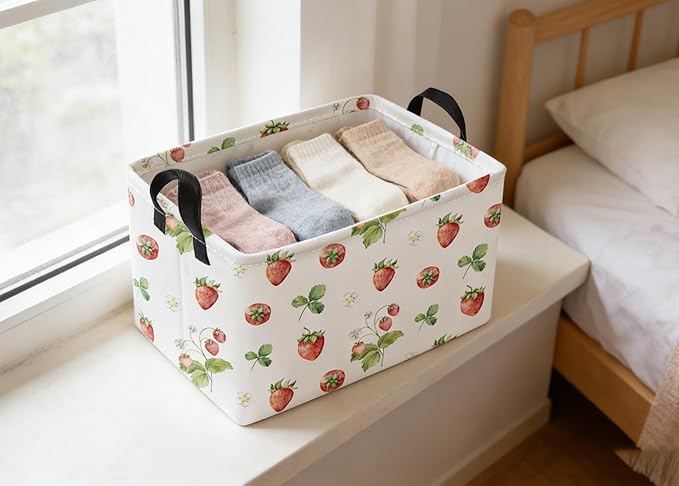 Essme Rectangular Kids Baskets,Strawberry Storage Box,Cute Basket for Kids with Handles for Room Decor, Book Bins,Shelf Basket.(Strawberry)