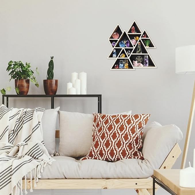 peacoblue Mountain Shaped Crystal Display Shelf 11.8" L× 11.8" W× 1.2" Wooden Wall Mounted Decor with Multiple Compartments for Crystals, Gemstones & Trinkets for Bohemian, Witchy & Modern Interiors