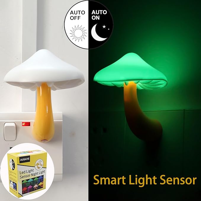 AUSAYE 5 Pack Sensor LED Night Lights Plug in Wall Lamp Mushroom Night Light for Adults Kids NightLight for Bedroom,Bathroom,Toilet,Hallway,Stairs,Kitchen,Basement Green