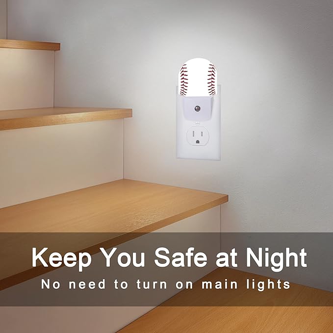 Baseball Night Light,Ball Stitch Line Sports Balls Games Plug-in Wall Led Night Lights Decor for Boys Girls Room,Dusk to Dawn Sensor Wall Lamp for Stairway/Hallway/Kitchen,0.5W