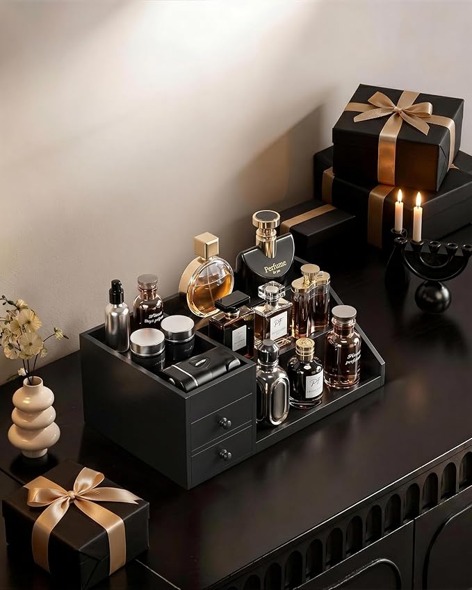ProCase Wooden Cologne Organizer for Men, 3-Tier Elevated Wood Perfume Storage Display Shelf with Drawers, Dresser Storage Stand Riser for Fragrance Skin Care, Gift for Boys Men Dad Husband -Black