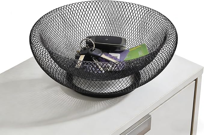 Modern Black Wire Mesh Decorative Bowl – Openwork Fruit Basket for Bread, Snacks, Storage Tray for Kitchen, Living room and home décor. (10”x4”)